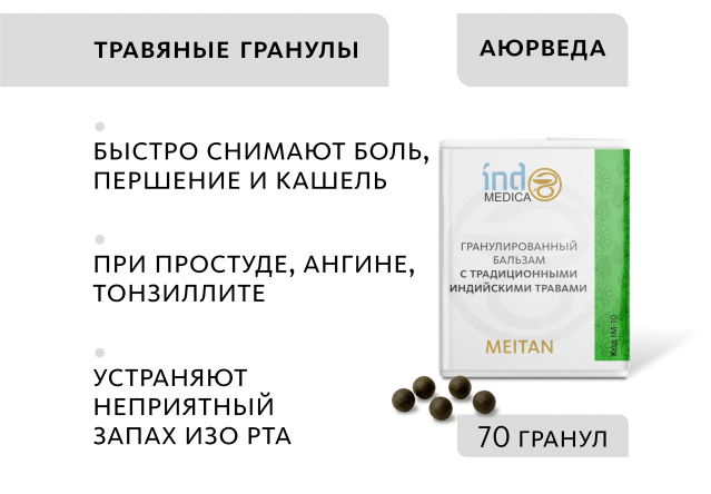 Гранулированный бальзам с традиционными индийскими травами ОТ ЗАБОЛЕВАНИЙ ГОРЛА, ХРИПОТЫ И КАШЛЯ Indo Medica MeiTan