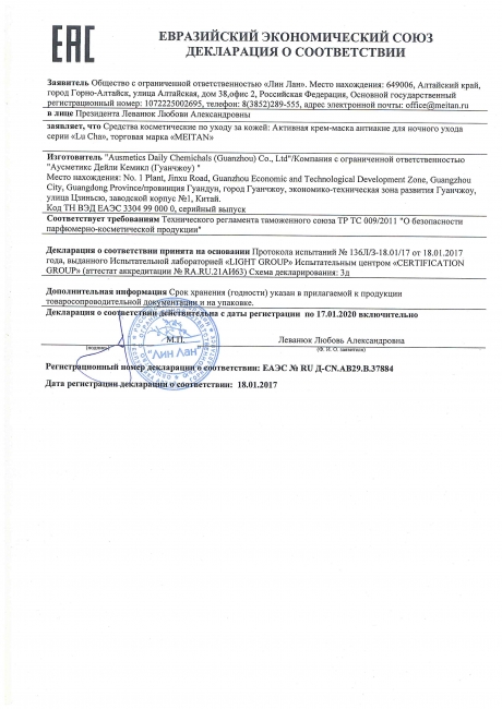 Сертификат Активная крем-маска антиакне для ночного ухода