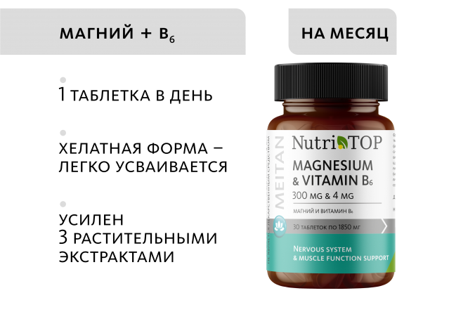 Биологически активная добавка к пище Magnesium & Vitamin B₆ (Магний 300 мг и Витамин B₆ 4 мг) NutriTOP MeiTan