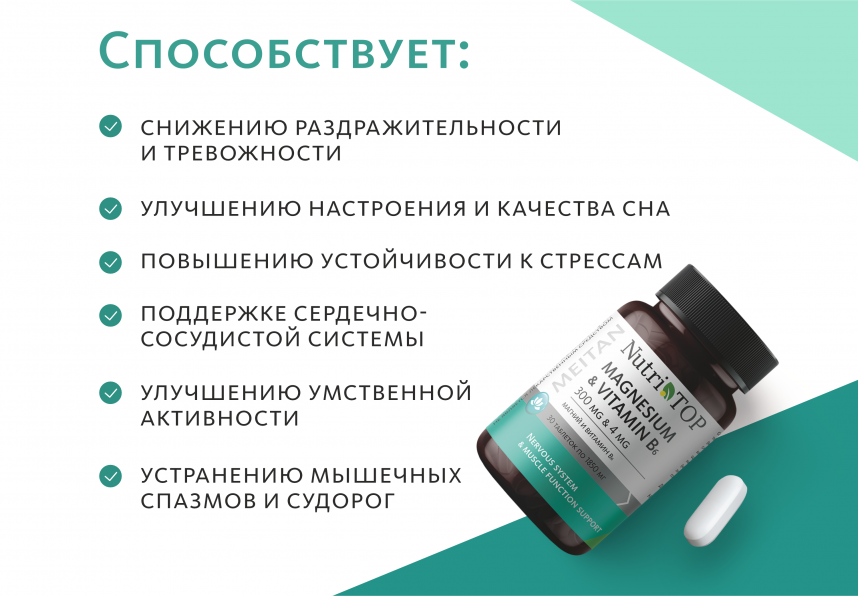 Биологически активная добавка к пище Magnesium & Vitamin B₆ (Магний 300 мг и Витамин B₆ 4 мг) NutriTOP MeiTan