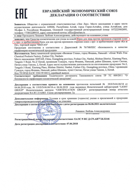 Сертификат Крем для лица против признаков старения кожи с про- и пребиотиками