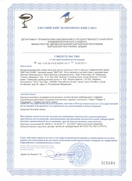 Сертификат Спрей-пена для мытья кухонных плит и жирных поверхностей концентрированная
