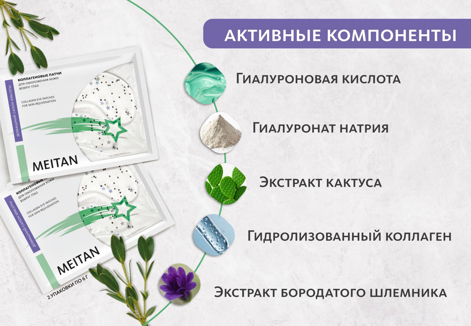 НАБОР Коллагеновые патчи для омоложения кожи вокруг глаз, 2 шт